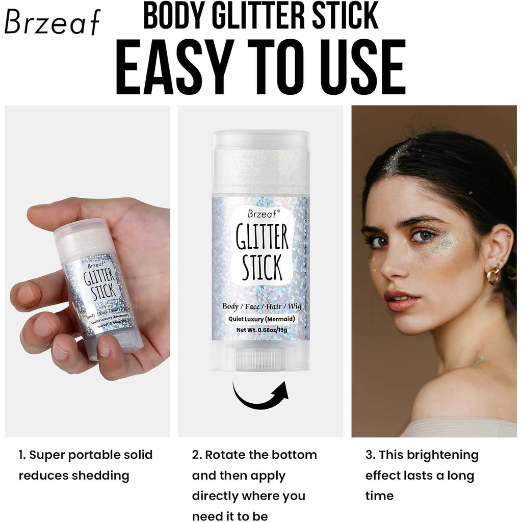 Brzeaf Waterproof Mermaid Glitter Stick, Shimmery& Long Lasting, Soccer World Cup Singer Concert Music Rave Accessories, Hair Eyeshadow Face Body Glitter, Glitter Stick Makeup
