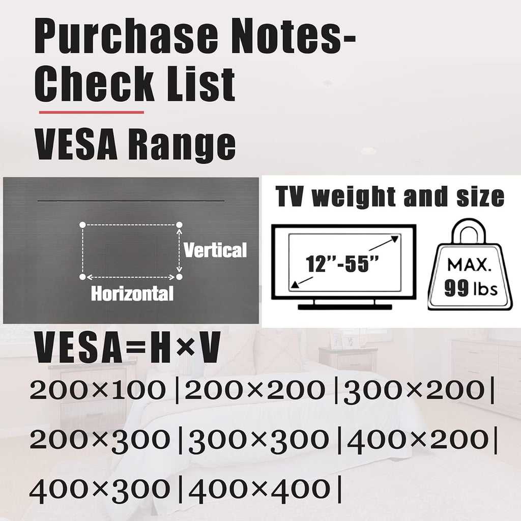 No Stud TV Wall Mount, Drywall Studless TV Hanger No Damage, No Drill, Non Screws, Dry Wall Flat Screen TVs Easy Install Bar Bracket fits VESA 12-55 inch TVs up to 99 lbs, Include Hardware Levels
