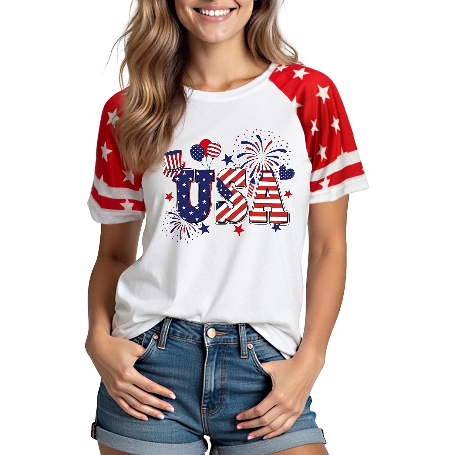 XLIEVO 4th of July Shirts Women:USA Color-Blocking Short-Sleeve American Flag Crew Neck Graphic Tee Patriotism T-Shirt