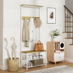 Hall Tree With Bench And Shoe Storage, 3-In-1 Coat Rack Shoe Bench, Freestanding Wooden Coat Rack With Metal Frame, 3-Tier Storage Shelf And 5 Removable Hooks, White