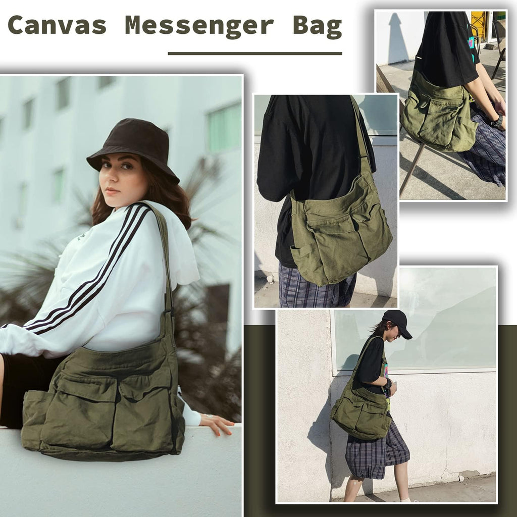 Canvas Messenger Bag Large Hobo Crossbody Bag With Multiple Pockets Casual Shoulder Tote Bag For Women And Men