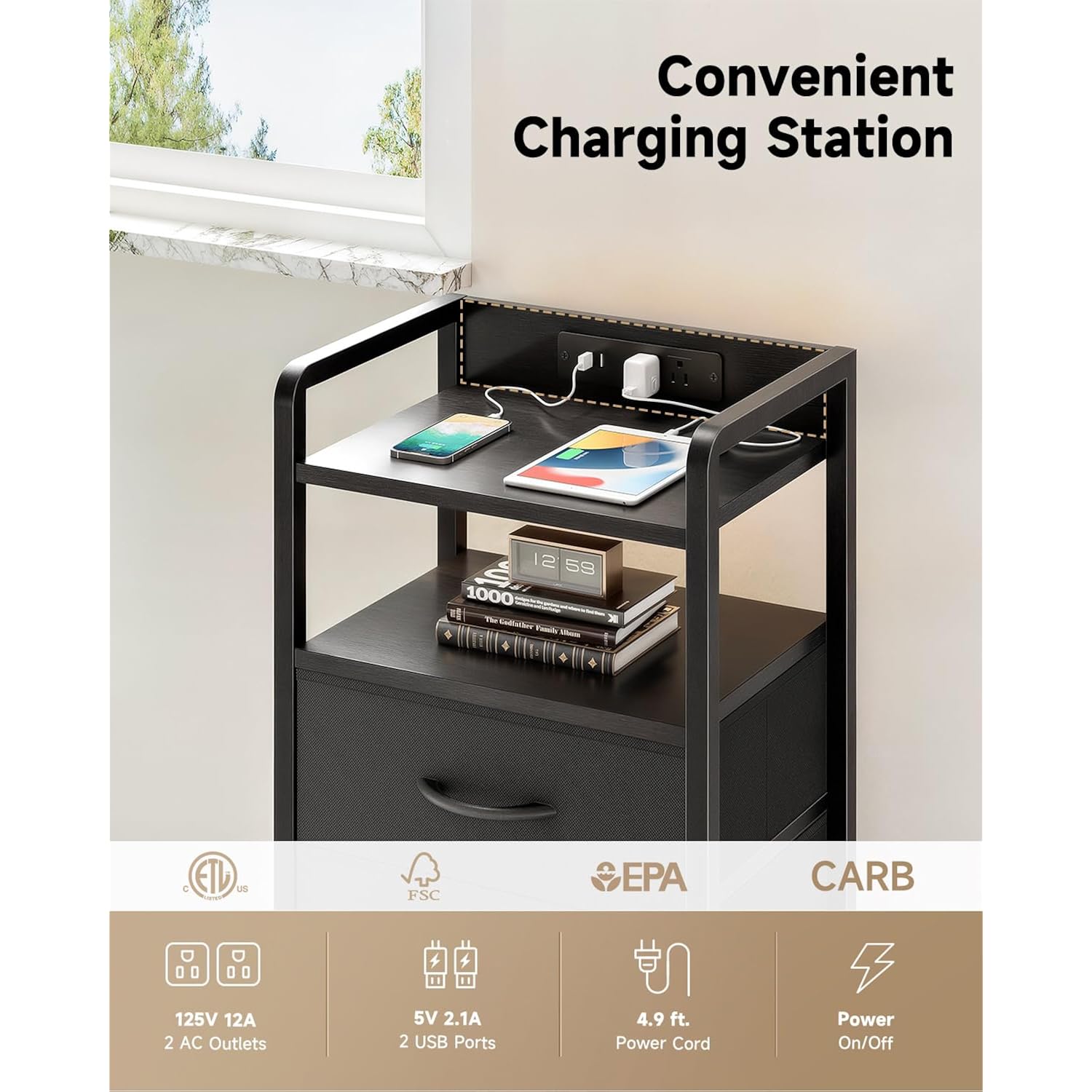 Lazzanto Night Stand Bedside Charger Bedroom - Nightstand with Charging Station & LED Light Strip, Night Stand with Storage Shelf & 2 Fabric Drawers, Morden End Table with U-S-B Ports & AC Outlets