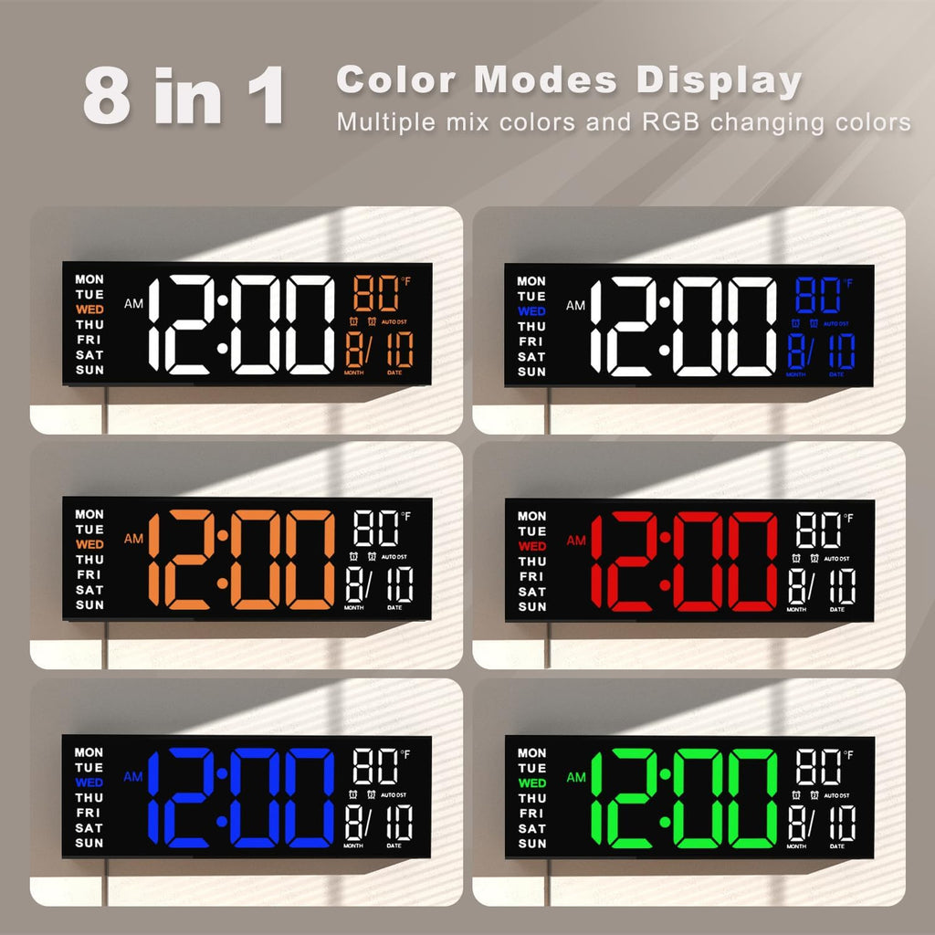 Jall 16" Large Digital Wall Clock With Remote, Big Led For Seniors, Auto Dimming, 8 Rgb Colors, Night Light, Count Down Timer, Alarm, Dst, Temperature For Living Room, Back To School Classroom