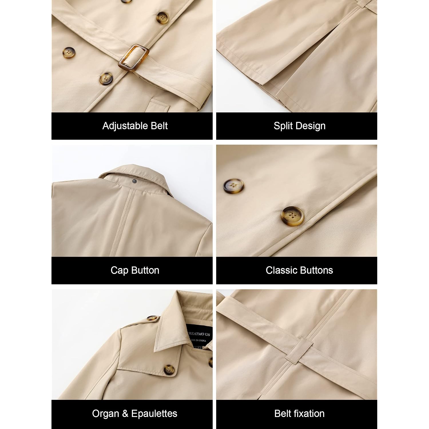 Women'S Trench Coat Double-Breasted Classic Lapel Overcoat Belted Slim Outerwear Coat With Detachable Hood