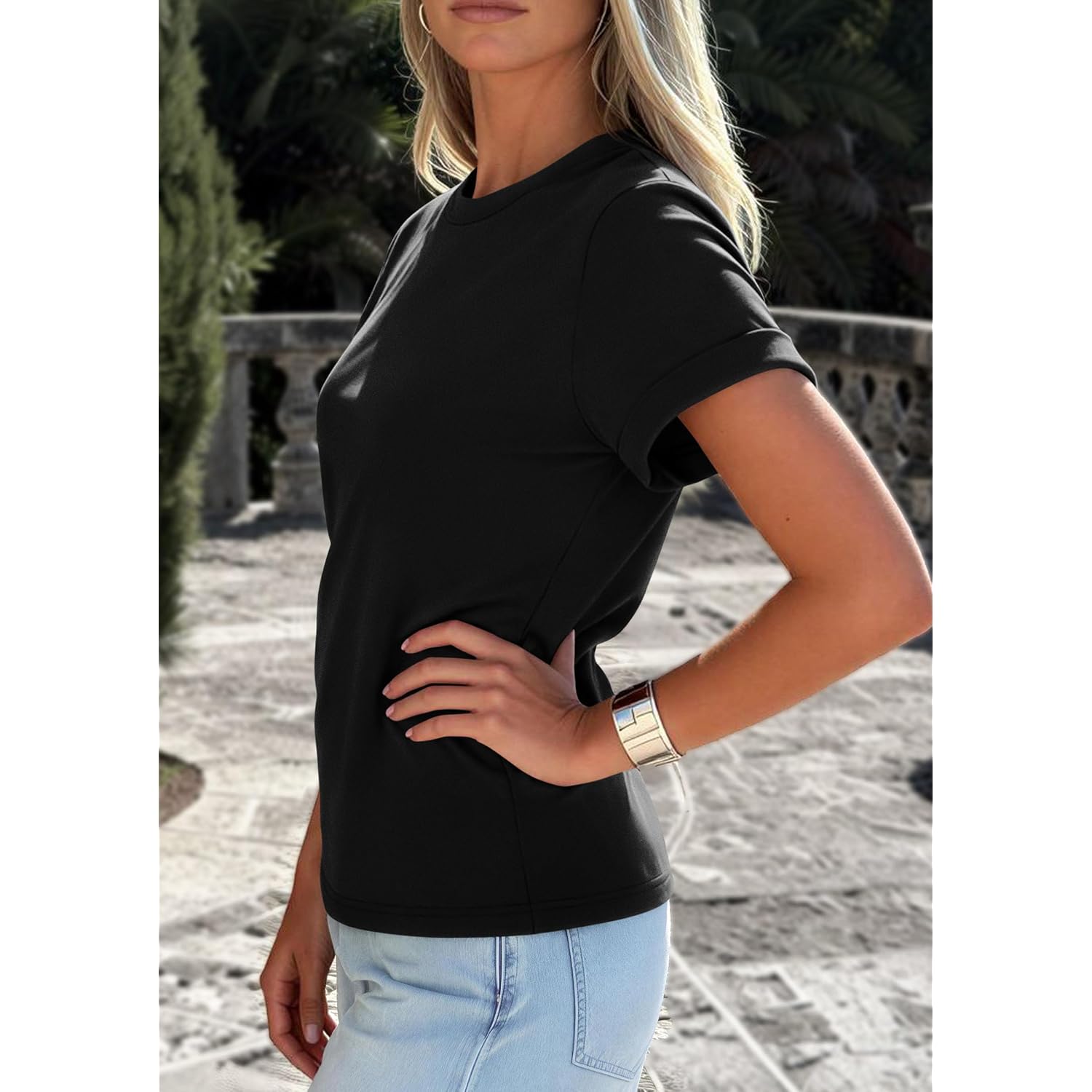 Prettygarden Womens Summer Tops 2026 Spring Casual Rolled Short Sleeve Basic Tees Crew Neck Work Shirts Fashion Clothing