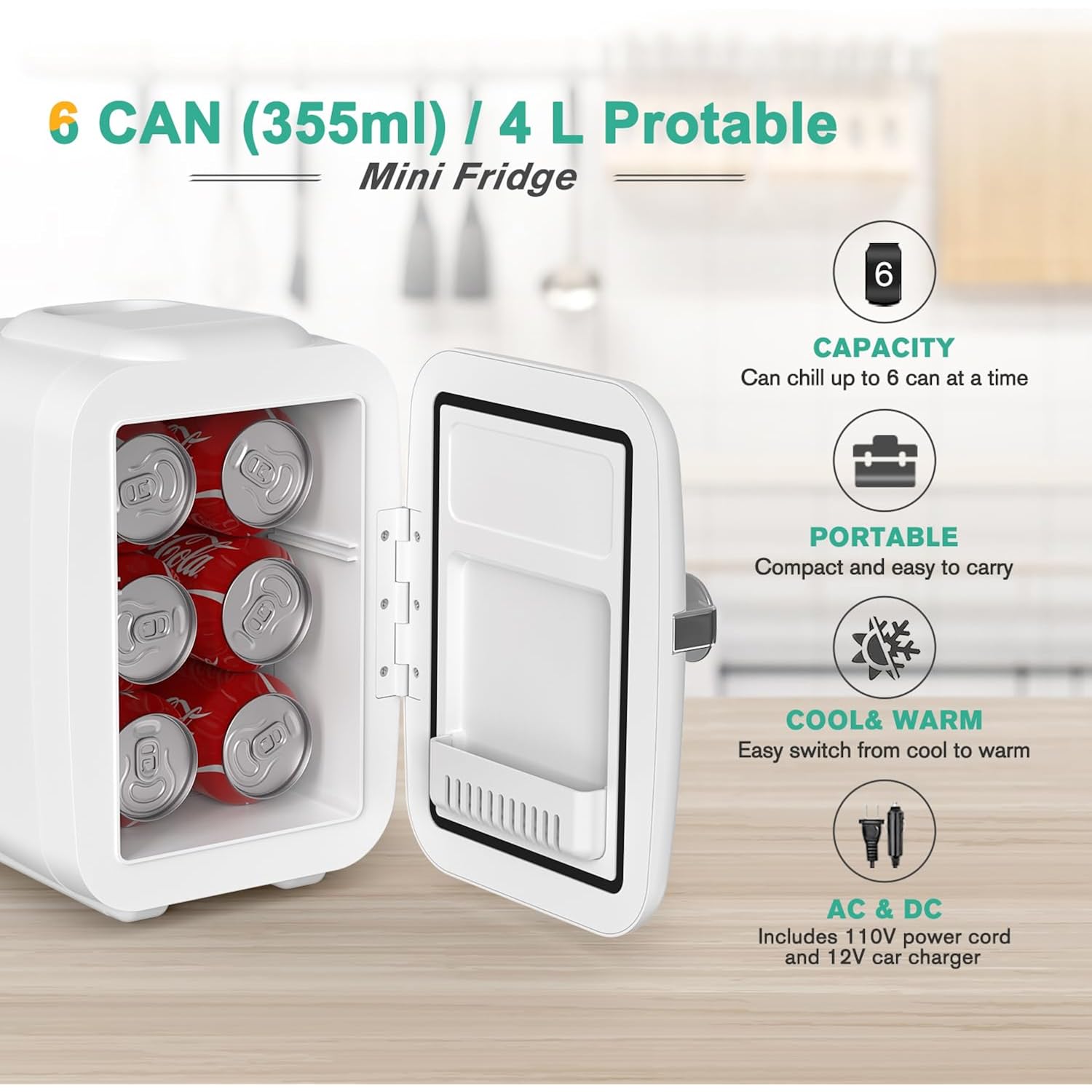 Crownful Mini Fridge, 4 Liter/6 Can Portable Cooler And Warmer Personal Refrigerator For Skin Care, Cosmetics, Beverage, Food,Great For Bedroom, Office, Car, Dorm, Etl Listed (White)