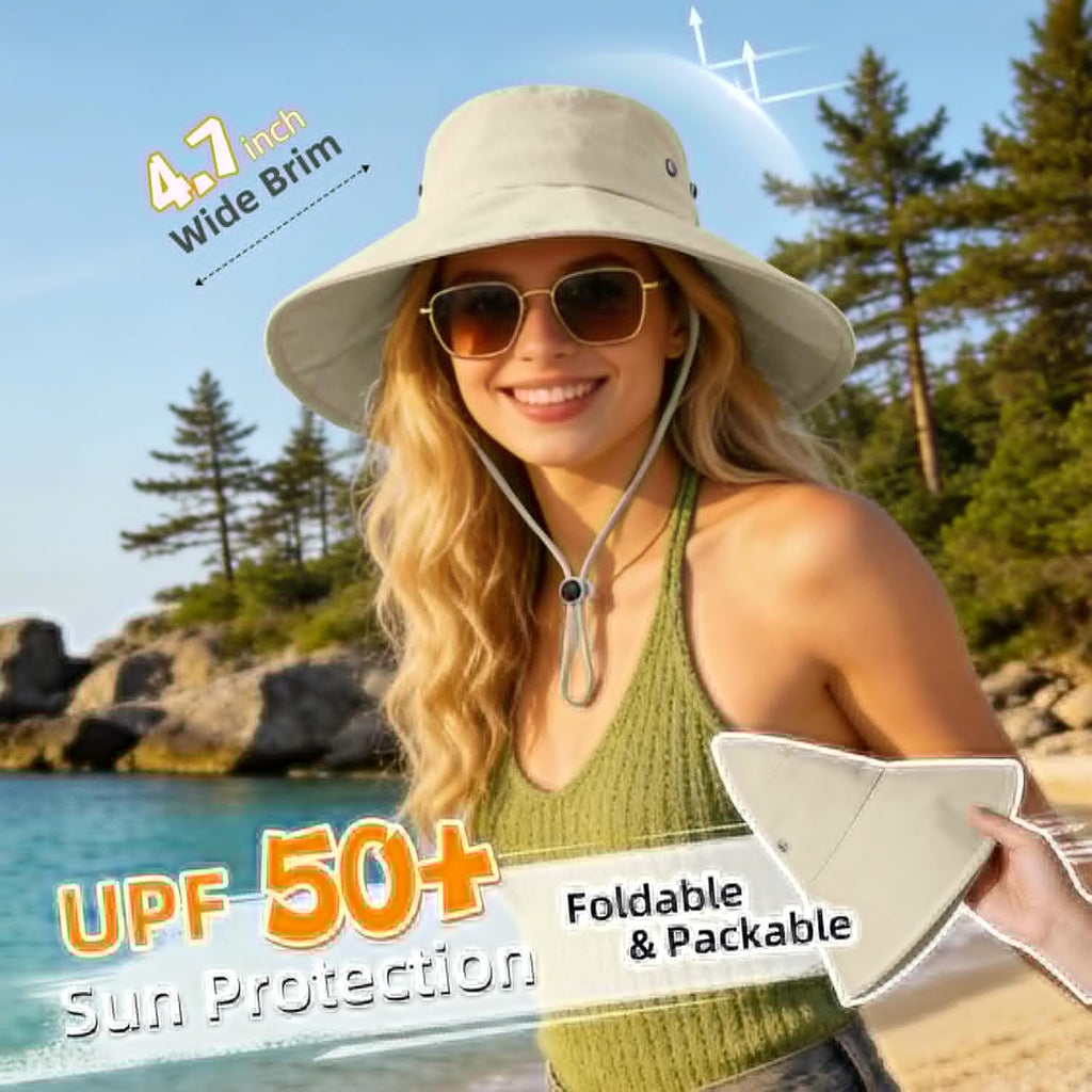 Sun Hats for Women Wide Brim Bucket Hat Ponytail, Fishing Hat UPF 50+ Packable for Beach Gardening with Fold-Up Brim