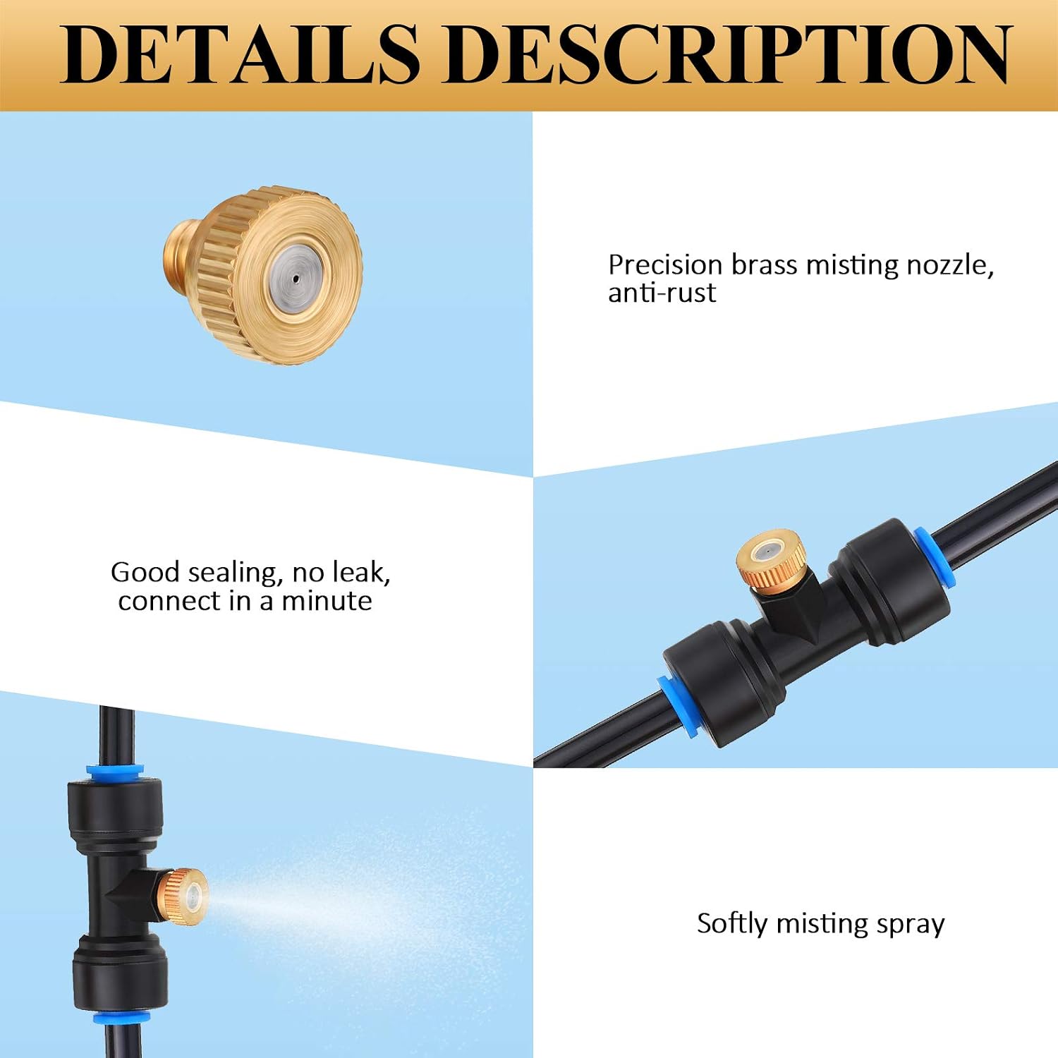 Hotop 20 Pieces Brass Misting Nozzles 1/4 Inch, Mister Replacement Nozzles Tees With Plugs For Outdoor Cooling System, Misting System Accessories For Patio, Greenhouse, Garden