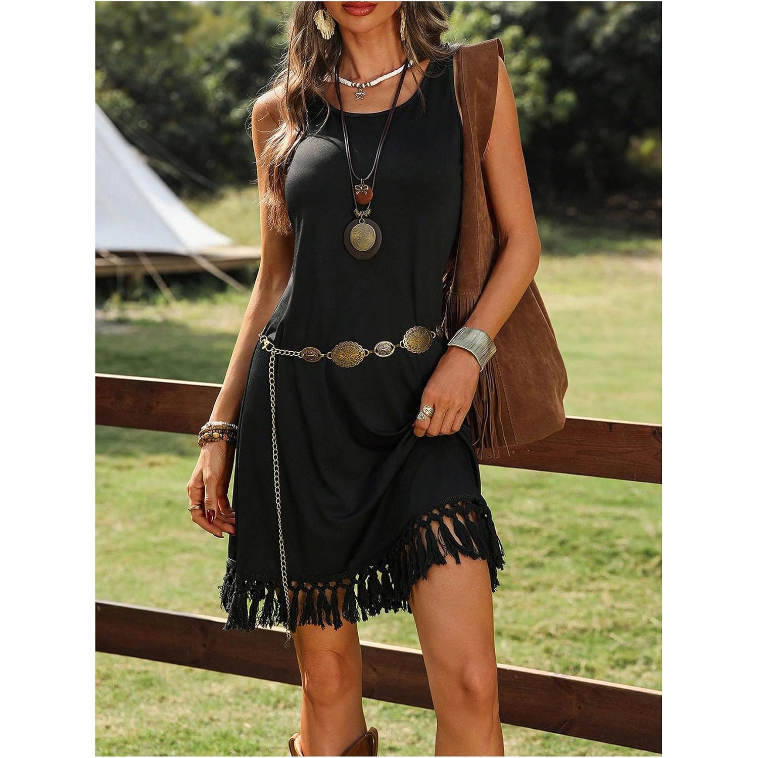 Verdusa Women'S Western Fringe Tank Dresses Cowgirl Sleeveless Short Summer Dress