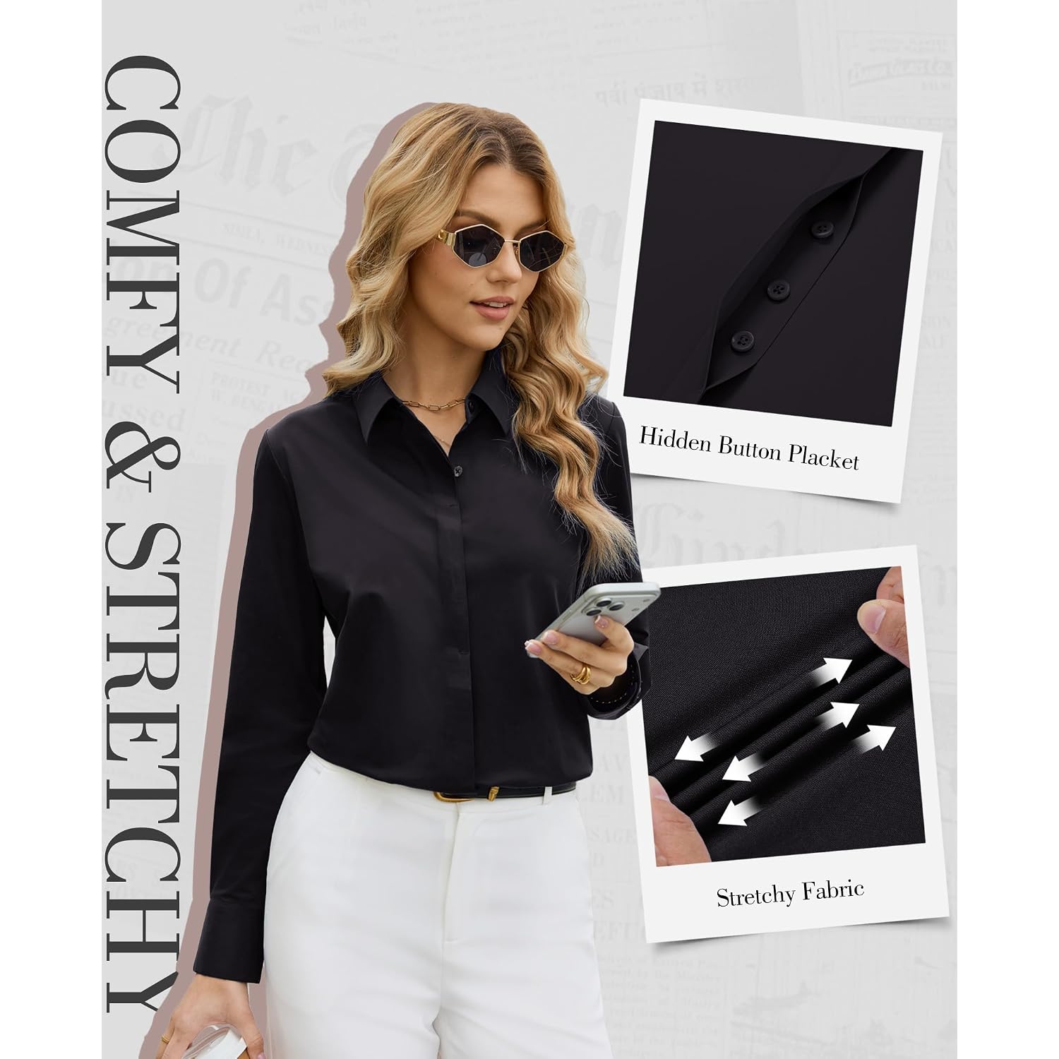 Siliteelon Womens Stretch Button Down Shirt Fitted Dress Shirt Collared Long Sleeve Wrinkle Free Business Casual Blouse Top