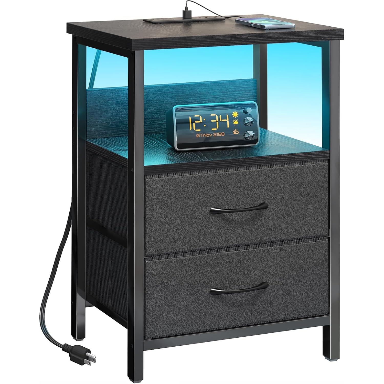 Fixwal Night Stand With Charging Station (2 Ac Outlets & 2 U-S-B Ports) Led Nightstand Small Dorm Room Furniture, 2 Fabric Storage Drawers, Bedside Table End Tables Bedroom, Modern Black