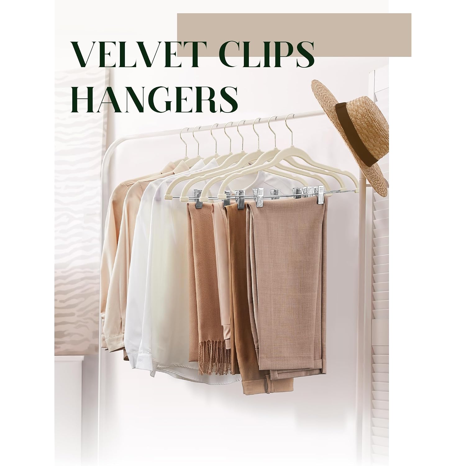 Cozymood Velvet Skirt Hangers - Pack Of 24 - Velvet Hangers With Clips Ultra Thin Non Slip Velvet Pants Hangers Space Saving Clothes Hanger For Trouser, Skirts, Jeans, Dress (Beige)