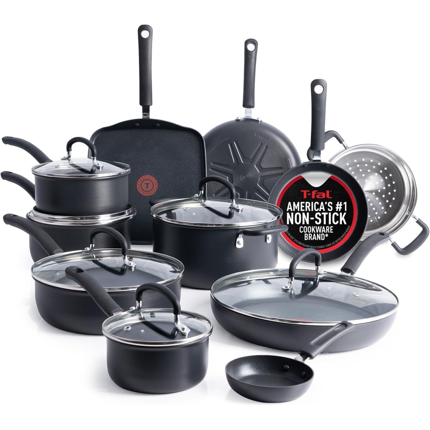 T-Fal Ultimate Hard Anodized Nonstick Pots And Pans Set 17 Piece, Nonstick Cookware Set With Fry Pan, Saucepans, Saute-Pan, Griddle, Dishwasher Safe, Onyx