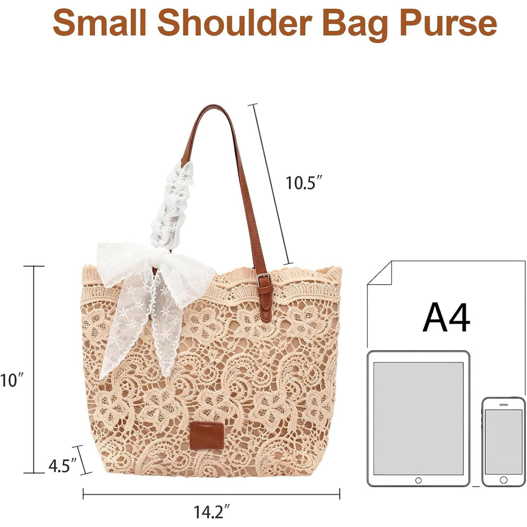Peicees Small Shoulder Bag With Lace Ribbon For Women- Ladies Beach Boho Purse For Summer Vacation Travel Tote Bag