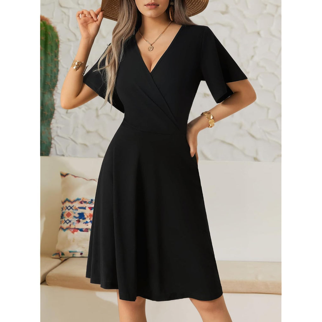 Fensace Womens Sundress Summer Floral Short Sleeve Wrap V Neck A-Line Midi Dress