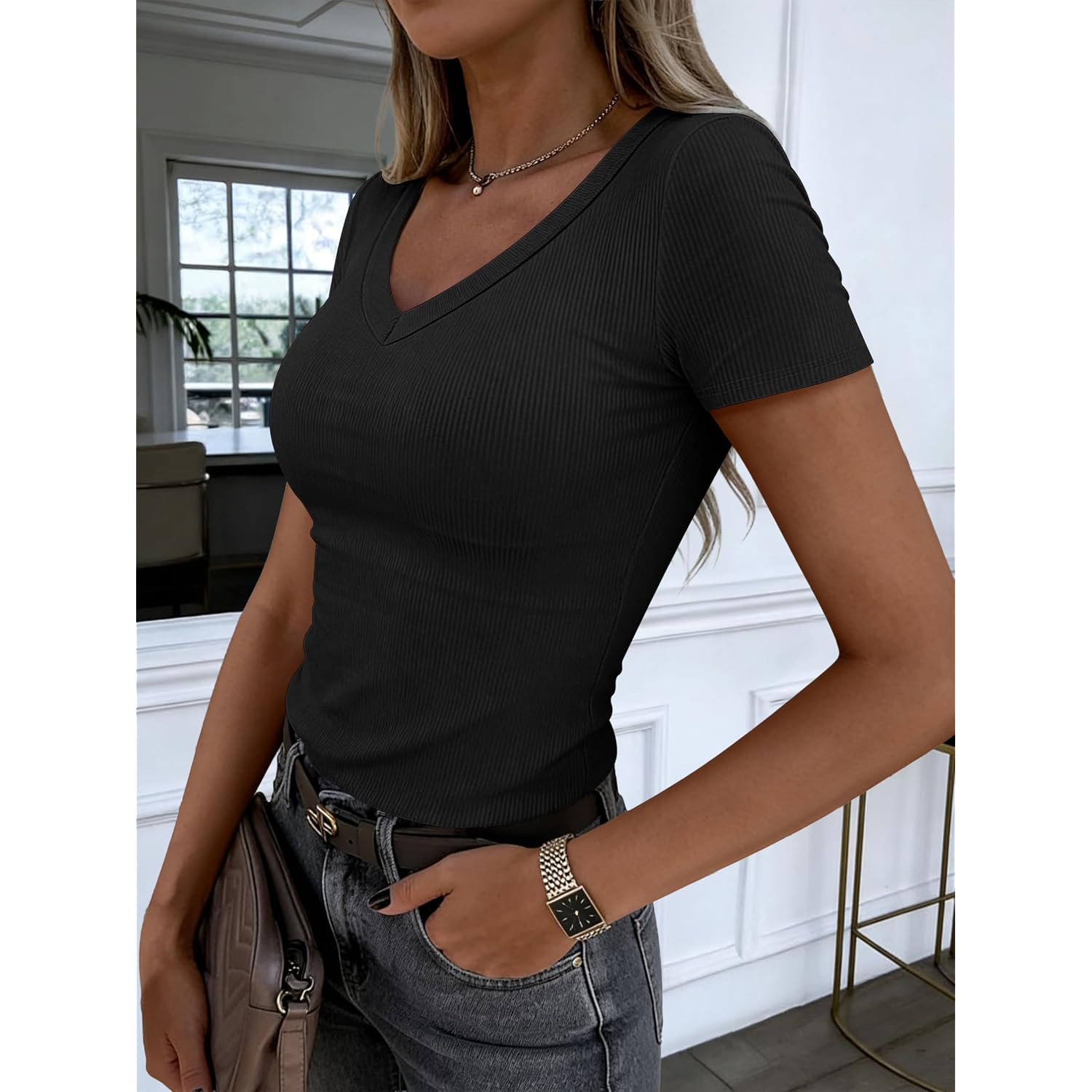 Women Short Sleeve V Neck Ribbed Knit Fitted Shirts Basic Tees Tops 2026 Summer Casual T-Shirts Going Out Outfits