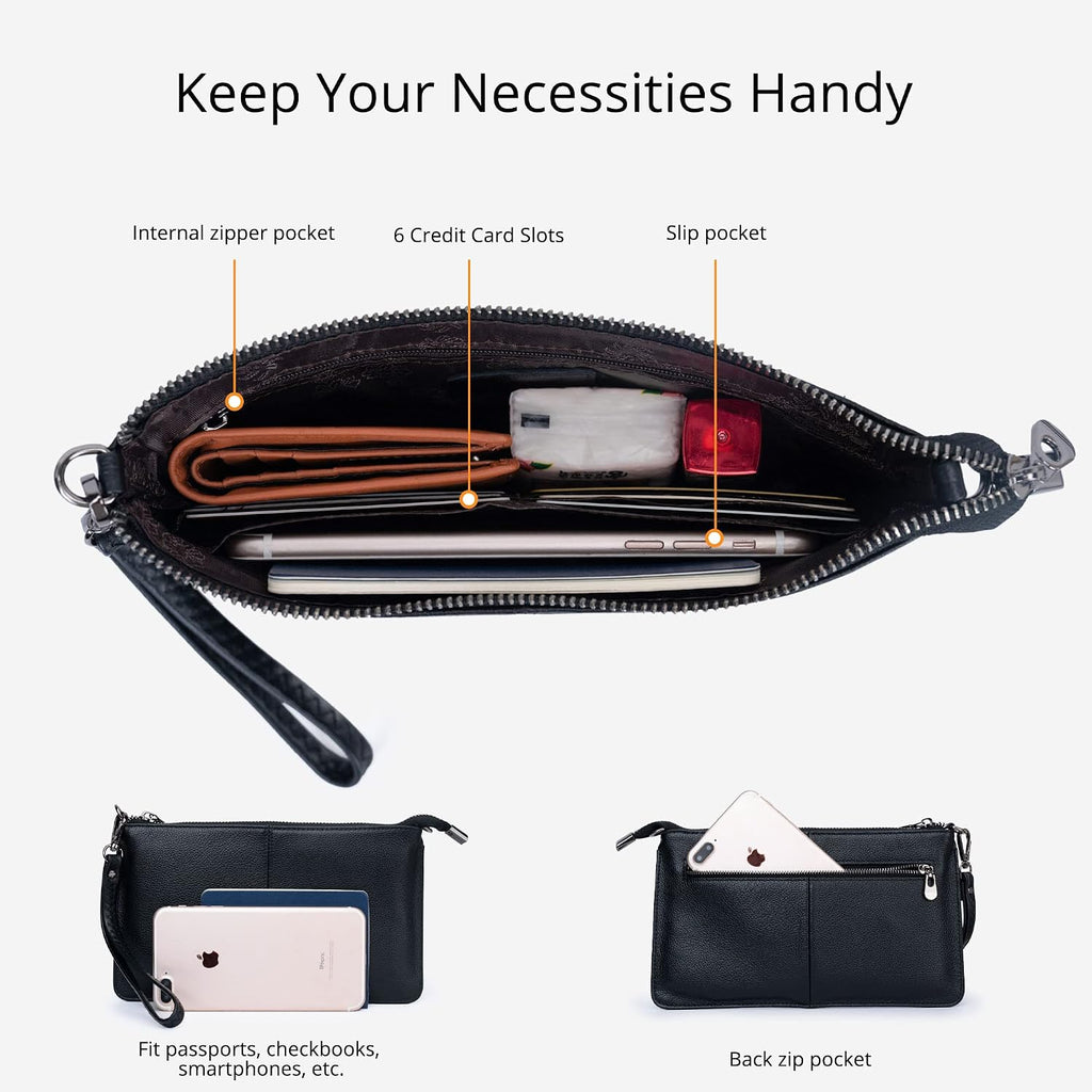 Bveyzi Genuine Leather Wristlet Purses For Women, Envelope Clutch Wallet Small Crossbody Bags For Dressy Evening