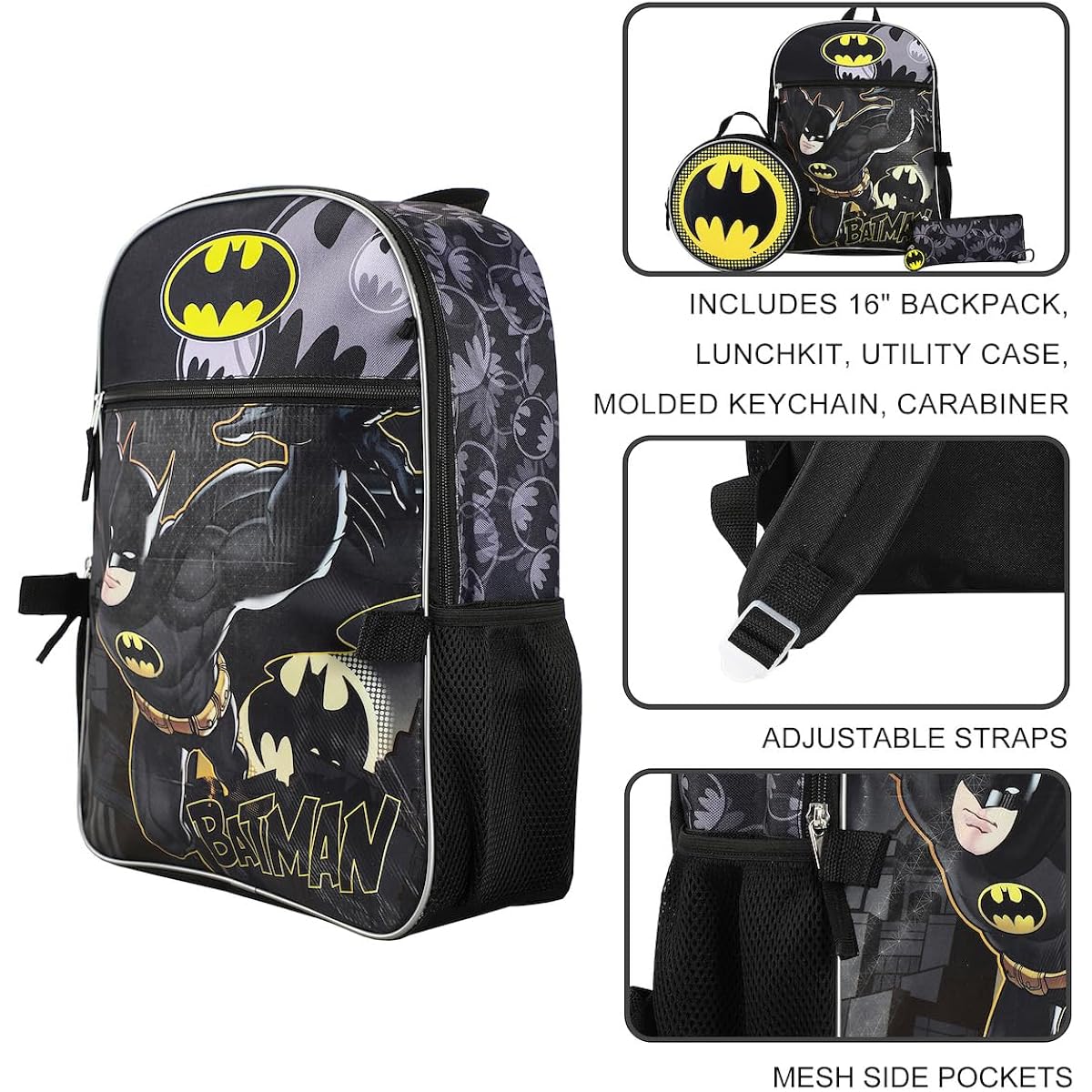 Dc Comic Book Batman Symbol 5-Piece Backpack Accessory Set For Boys