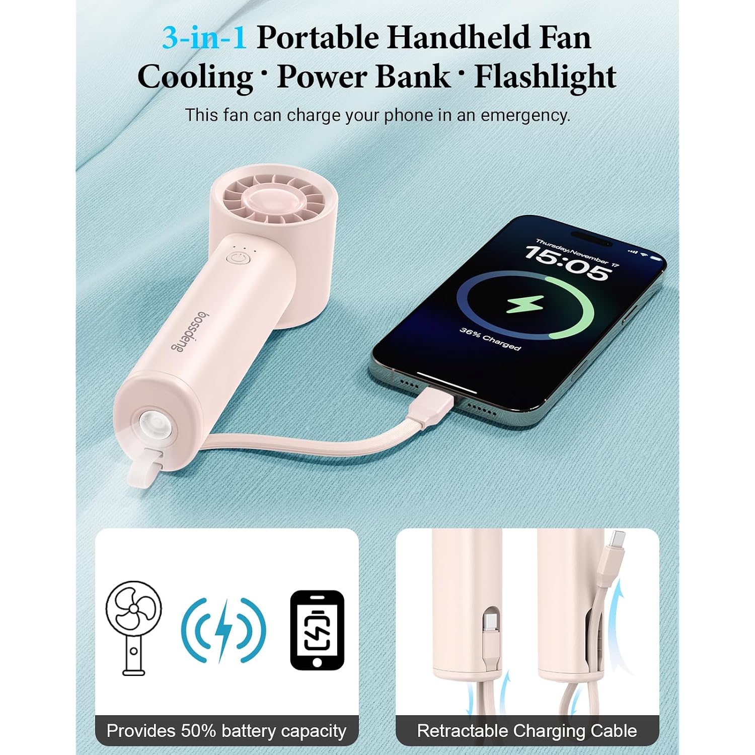 Portable Handheld Fan With Power Bank(High-Speed),3 In 1 Usb-C Rechargeable Mini Personal Fan With Flashlight,Small Size For Outdoor/Travel/Beach/Concerts/Summer.Gifts For Girl,Women.Pink