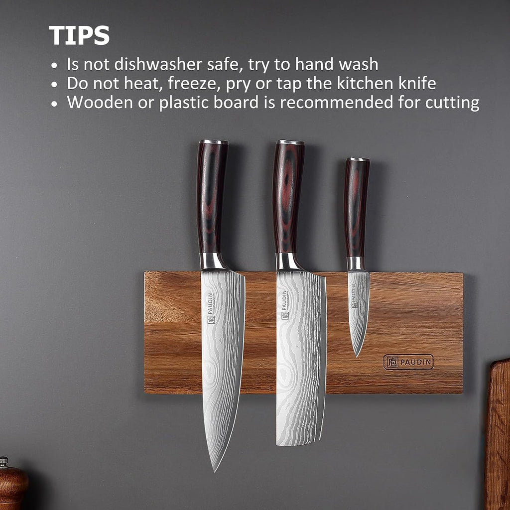 Paudin Kitchen Knife Set, 3 Piece High Carbon Stainless Steel Professional Chef Knife Set With Ultra Sharp Blade & Wooden Handle (Kitchen Knife Set 3 Pcs)