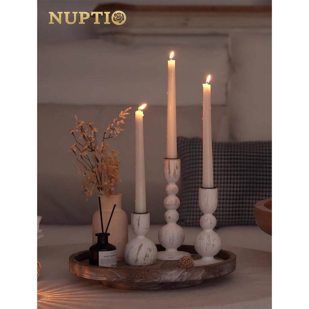 NUPTIO Taper Candle Holders Decor: Set of 3 Wooden Candlestick Holders Mantel Decor - Boho Farmhouse Rustic White
