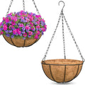 2 Pack 14 Inch Hanging Baskets For Plants Outdoor, Metal Wire Round Planters With Coco Liner, Hanging Flower Baskets For Home Garden Porch Balcony Railings Decor