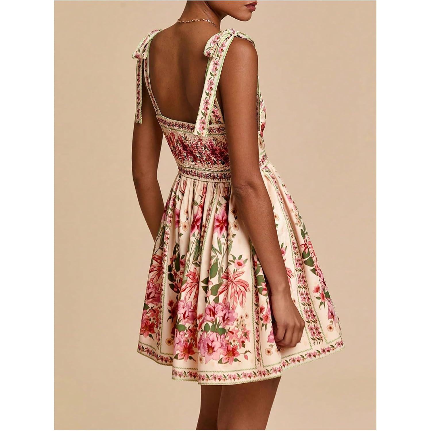 Oyoangle Women'S Boho Dress Floral Tropical Vacation Dress Sleeveless Tie Shoulder Summer Flowy Mini Dress Sundress