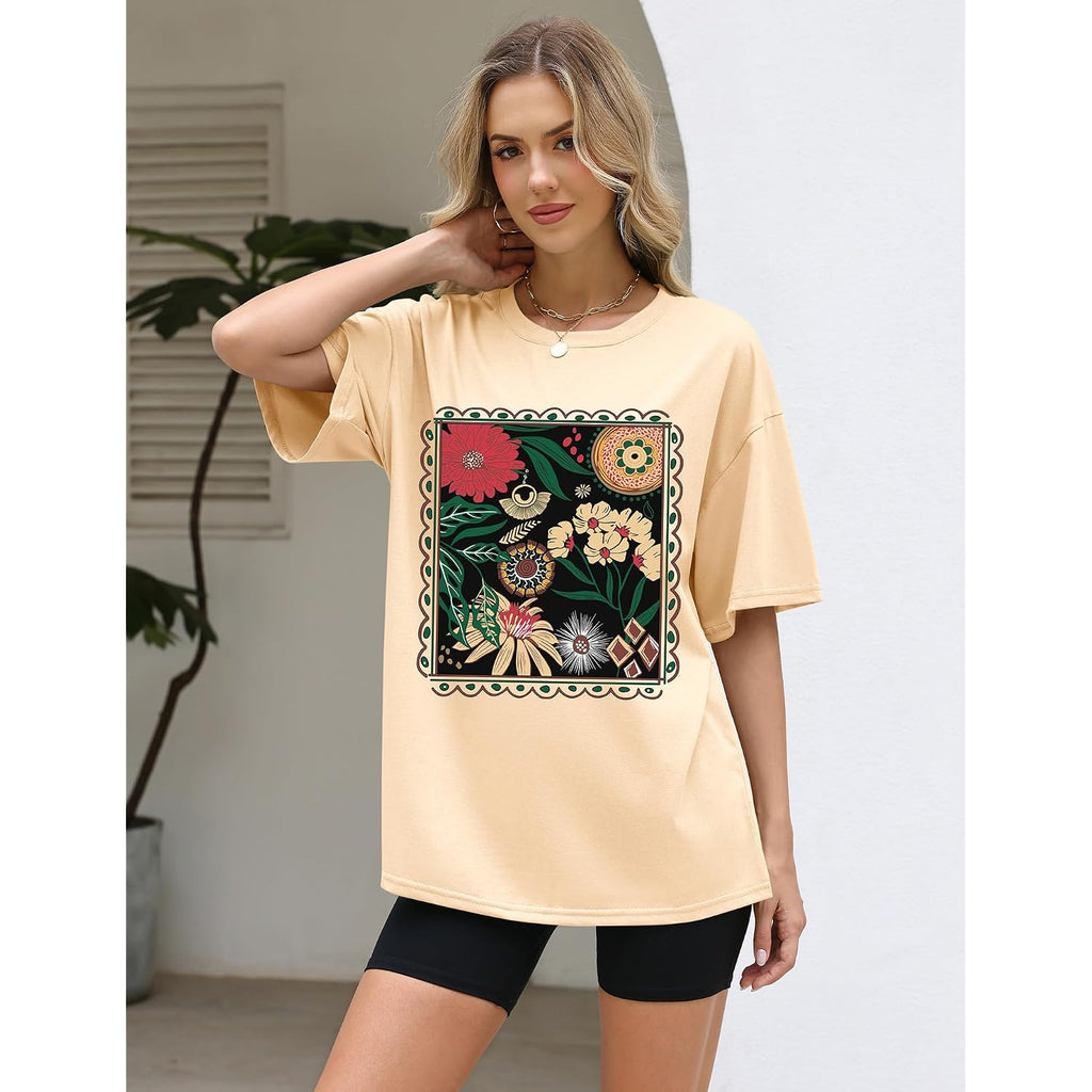 LOMON Oversized Graphic T Shirts for Women Short Sleeve Crewneck Summer Tops Loose Casual Basic Tees Apricot-plant Floral