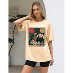 LOMON Oversized Graphic T Shirts for Women Short Sleeve Crewneck Summer Tops Loose Casual Basic Tees Apricot-plant Floral