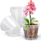 Fuijol Orchid Pot, 6 Pack 4 Inch (Top Diameter) Clear Orchid Pots With Holes And Saucers For Repotting, Breathable Slotted Plastic Orchid Planters With Drainage For Root Health Indoor Outdoor