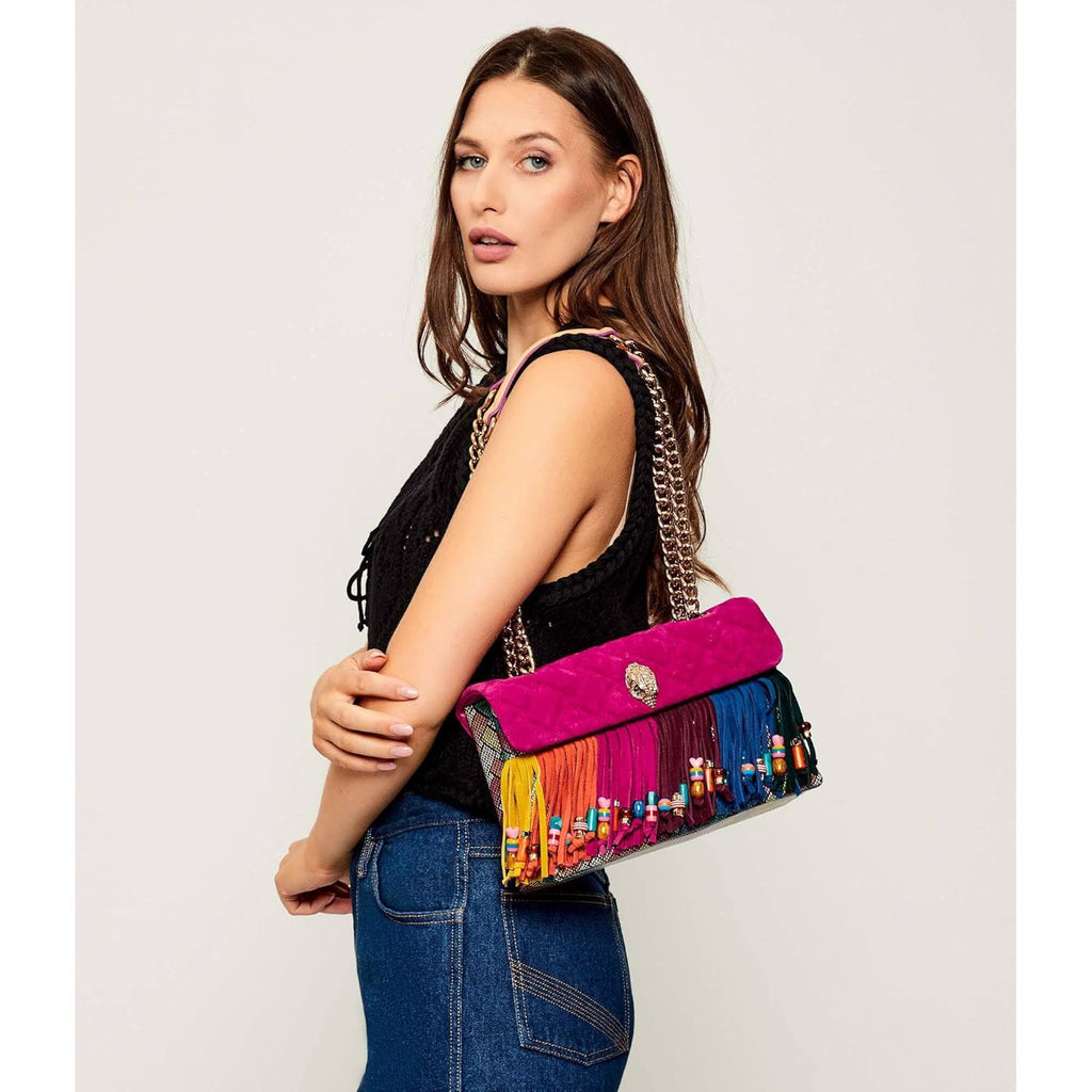 KURT GEIGER LONDON Kensington Leather Fringe Shoulder Bag | Double chain strap, Magnetic closure, Bead accent