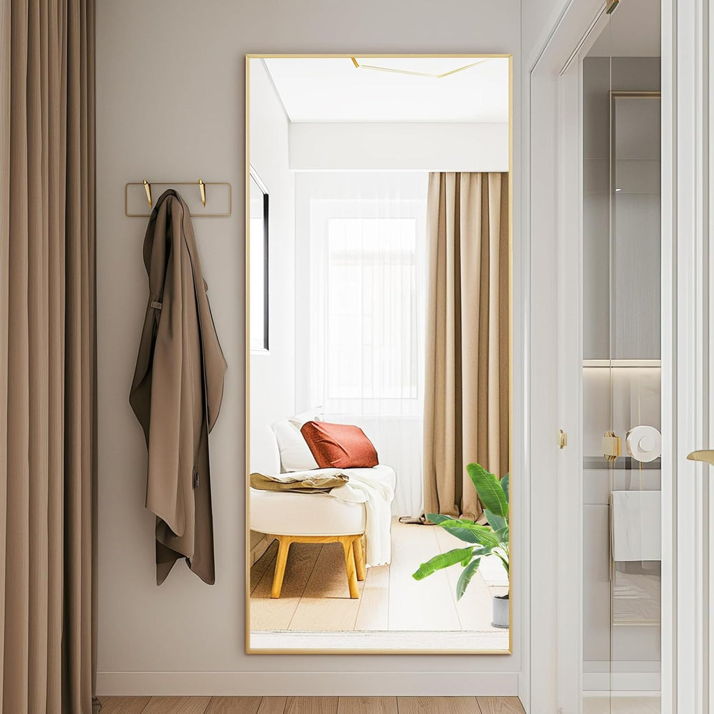 Dumos 64"X21" Full Length Mirror With Stand, Floor Standing Aluminum Frame, Shatterproof Nano Glass For Bedroom, Living Room, Cloakroom Modern Simple Home Decor, Can Be Hanging, Leaning Or Wall, Gold