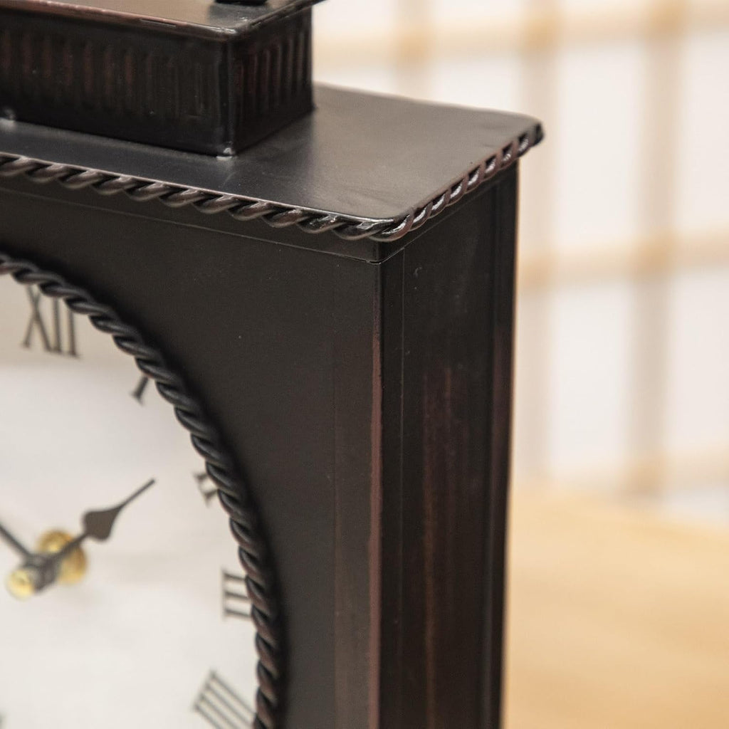 Vintage Mantel Clock, Large Rustic Distressed Metal Table Clock With Handle, Silent Non-Ticking Quartz Movement, Antique Brown Fireplace Shelf Desk Clock For Living Room Bedroom Office