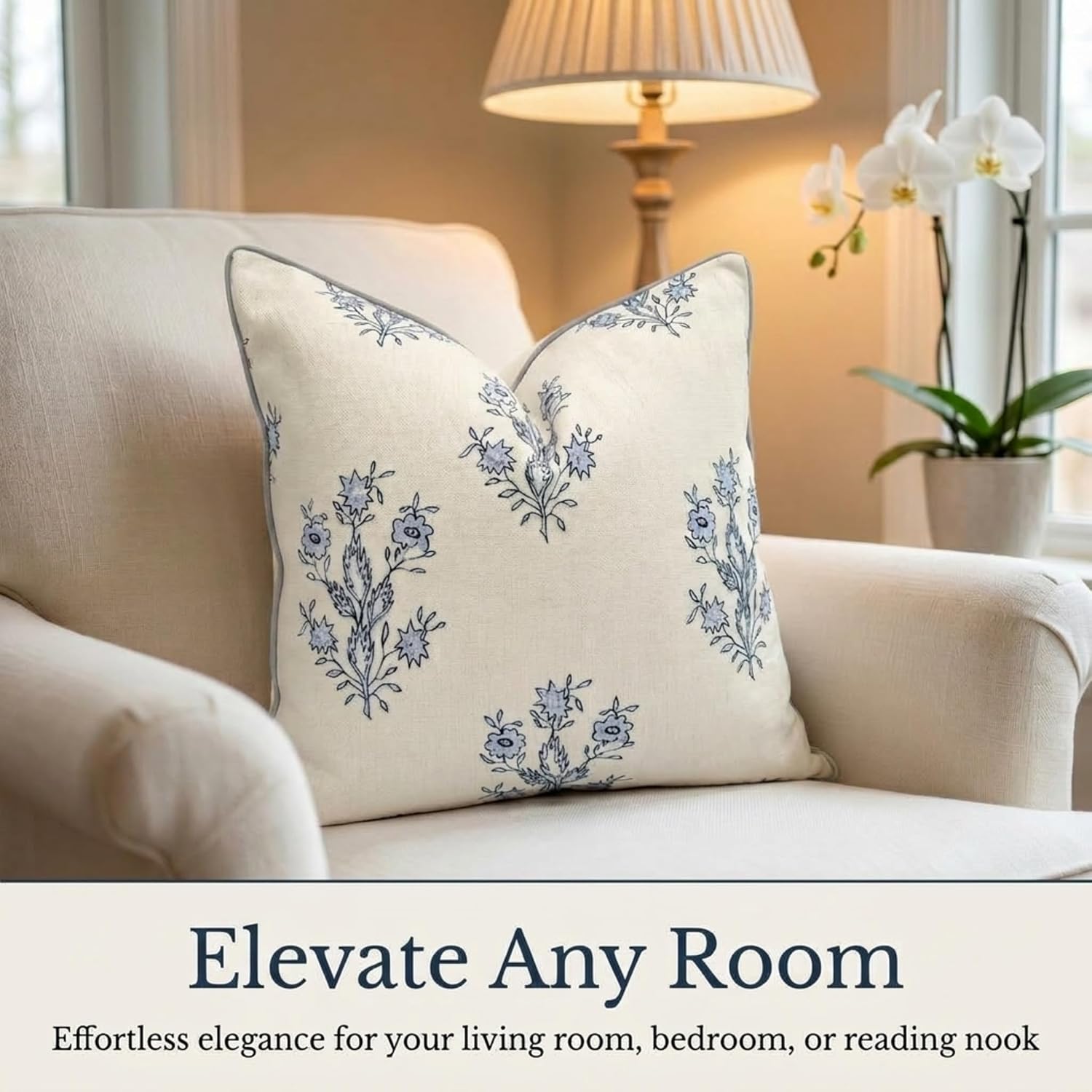“The Mary” Blue And White Decorative Throw Pillow Cover – Floral Block Print Pillow Cover – Grandmillennial Home Decor, 19" X 19"