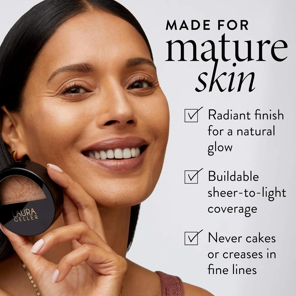 Laura Geller New York Baked Balance-N-Glow Illuminating Powder Foundation – Light – Handmade In Italy – Pearl-Infused Satin Finish – Vitamin C Brightening – Buildable Sheer Coverage – For Mature Skin