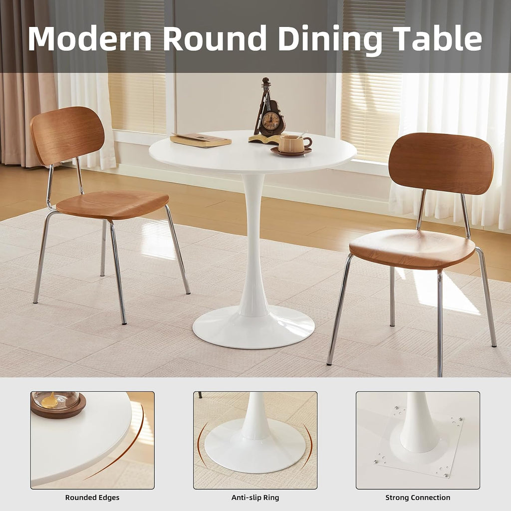 Round Dining Table, 31.5" Circle Tulip Table With Thickened Tabletop & Metal Pedestal, Mid Century Modern Bistro Table For Kitchen, Small Places, Living Room, Cafe (White)