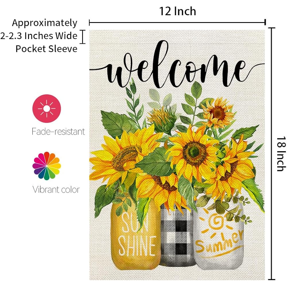 Summer Sunflower Garden Flag Mason Jar Double Sided 12X18 Inches Small Burlap Seasonal Welcome Yard Porch Decoration For Outside