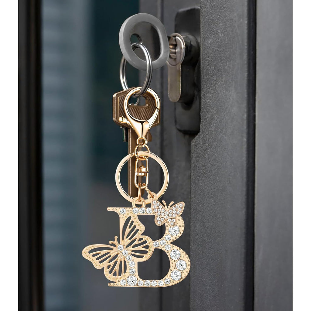 Gold Plated Alphabet Initial Letter Keyring Keychain for Women Girls Crystal Key Chains for Wallet Backpack Bag Charm