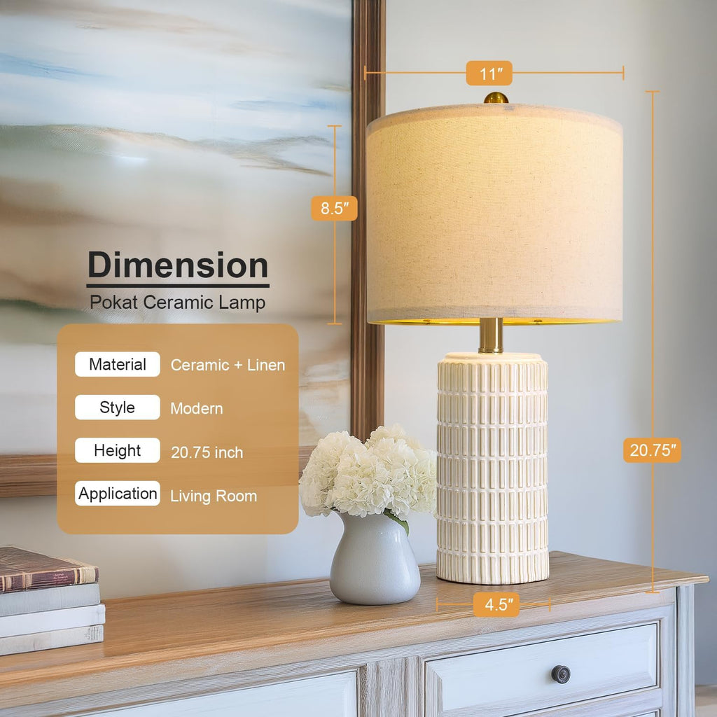 Pokat 20.75" Small Modern Ceramic Table Lamps Set Of 2 For Bedroom, White Bedside Lamps For Night Stands, Farmhouse Desk Home Decor Gift Nightstand Table Lamps For Living Room End Table Beige
