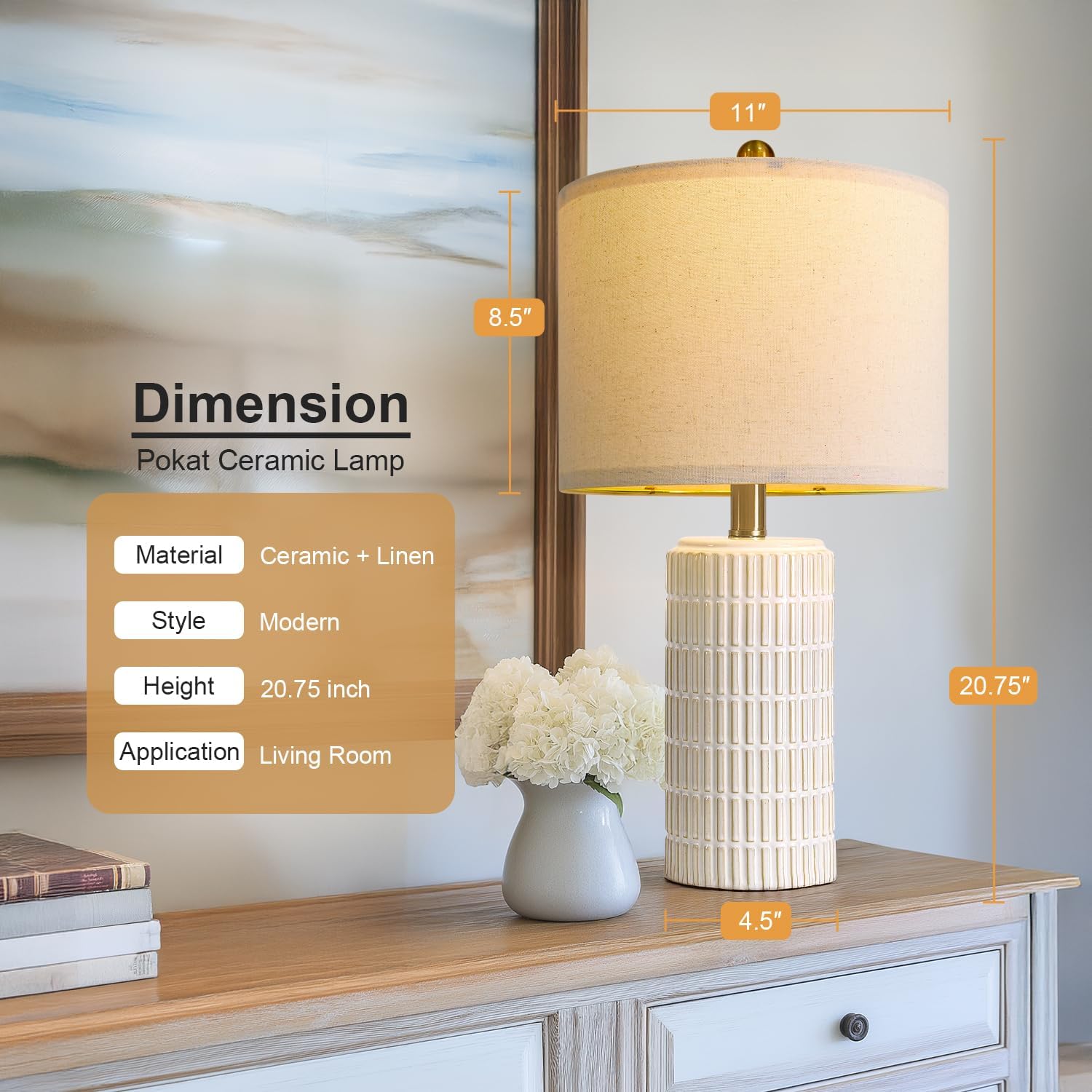 Pokat 20.75" Small Modern Ceramic Table Lamps Set Of 2 For Bedroom, White Bedside Lamps For Night Stands, Farmhouse Desk Home Decor Gift Nightstand Table Lamps For Living Room End Table Beige