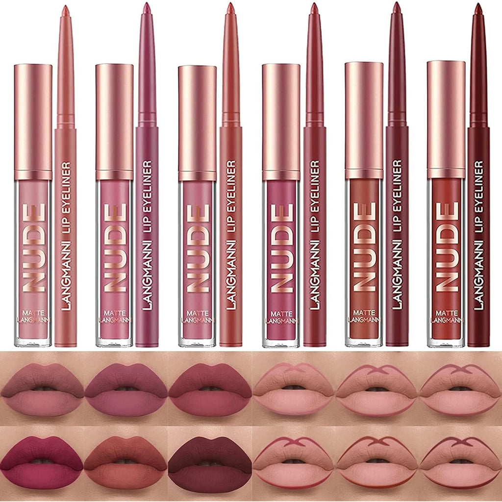 LANGMANNI 6 Matte Lipstick with 6 Lipliners Durable Makeup Set,Long-Lasting Non-Stick Cup Not Fade Waterproof Pigmented Velvet Lipgloss Kit Beauty Cosmetics Makeup Gift for Women (#A)