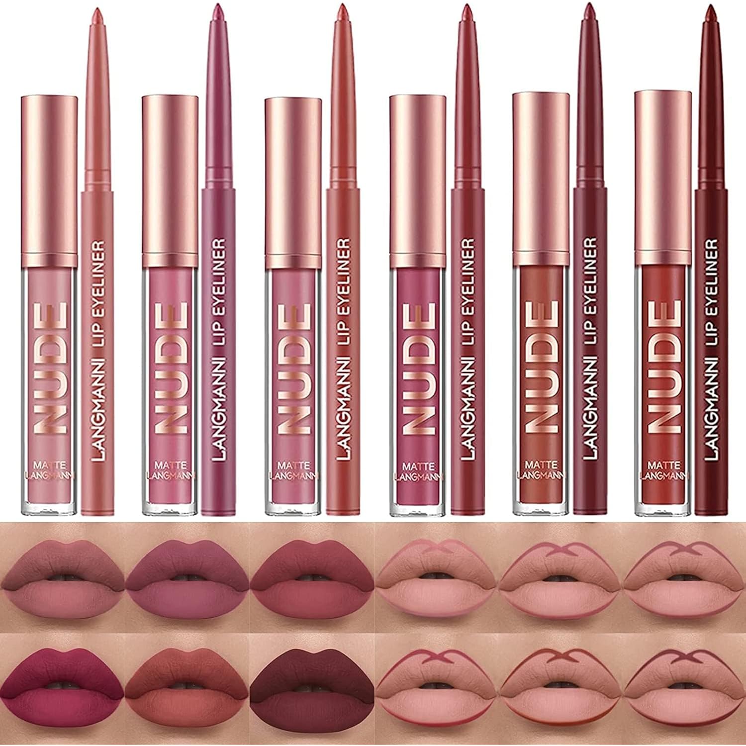 LANGMANNI 6 Matte Lipstick with 6 Lipliners Durable Makeup Set,Long-Lasting Non-Stick Cup Not Fade Waterproof Pigmented Velvet Lipgloss Kit Beauty Cosmetics Makeup Gift for Women (#A)
