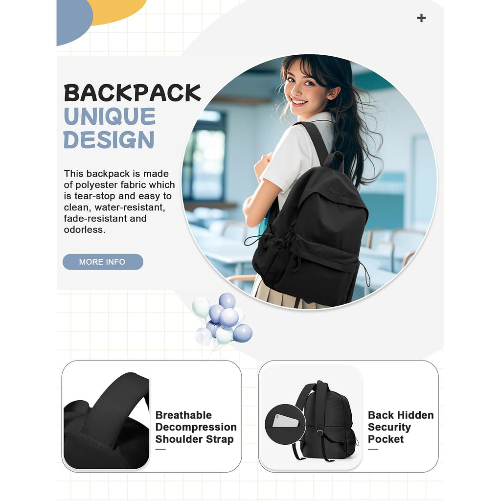 Black School Backpack For Girls Women Waterproof High School Book Bag Cute Backpack For Men Teens Boys, Lightweight Simple Middle School Back Pack Daypack