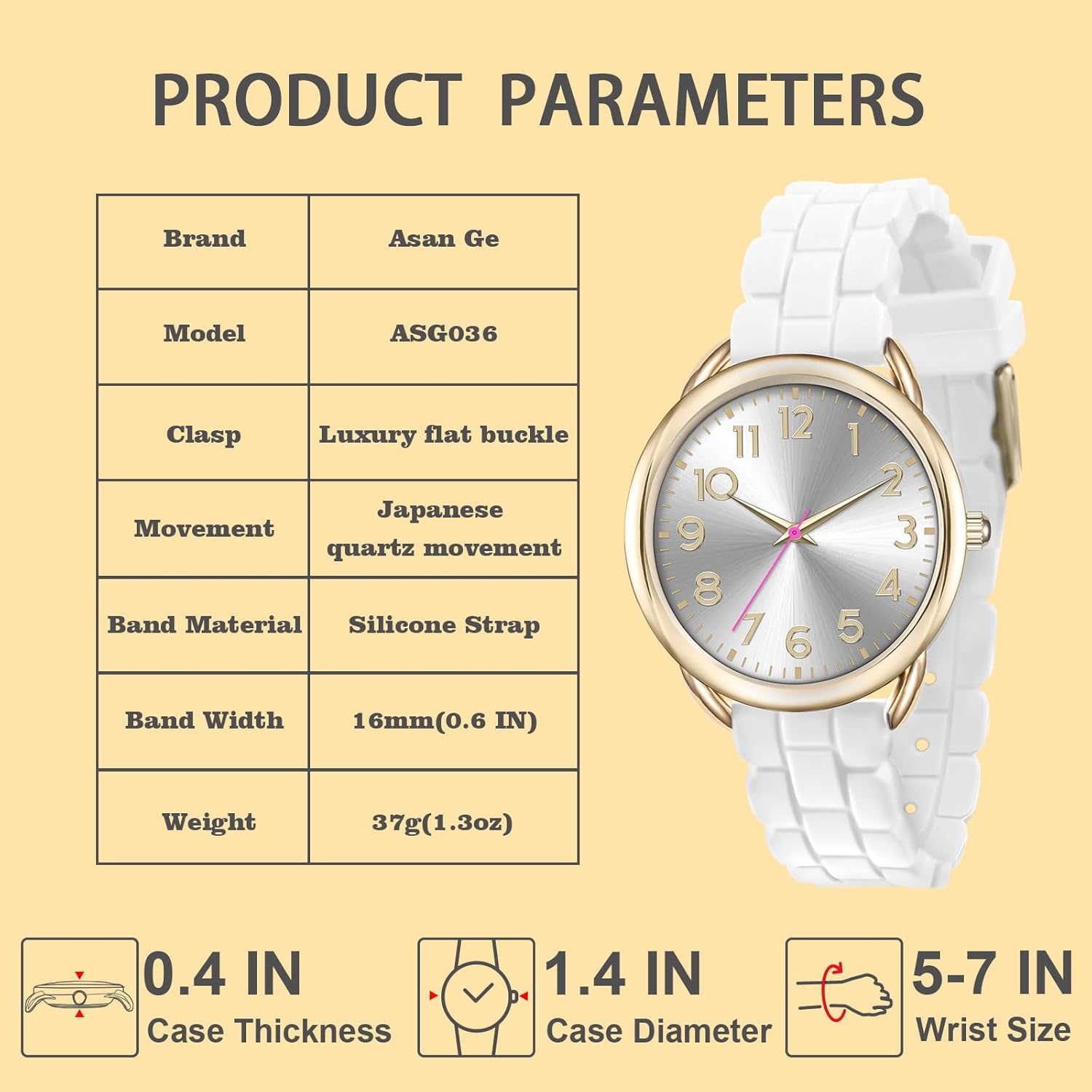 Asan Ge Analog Watch for Women Large Numerals Face Easy Time Reading Silicone Strap Casual Watch Water Resistant 100 feet