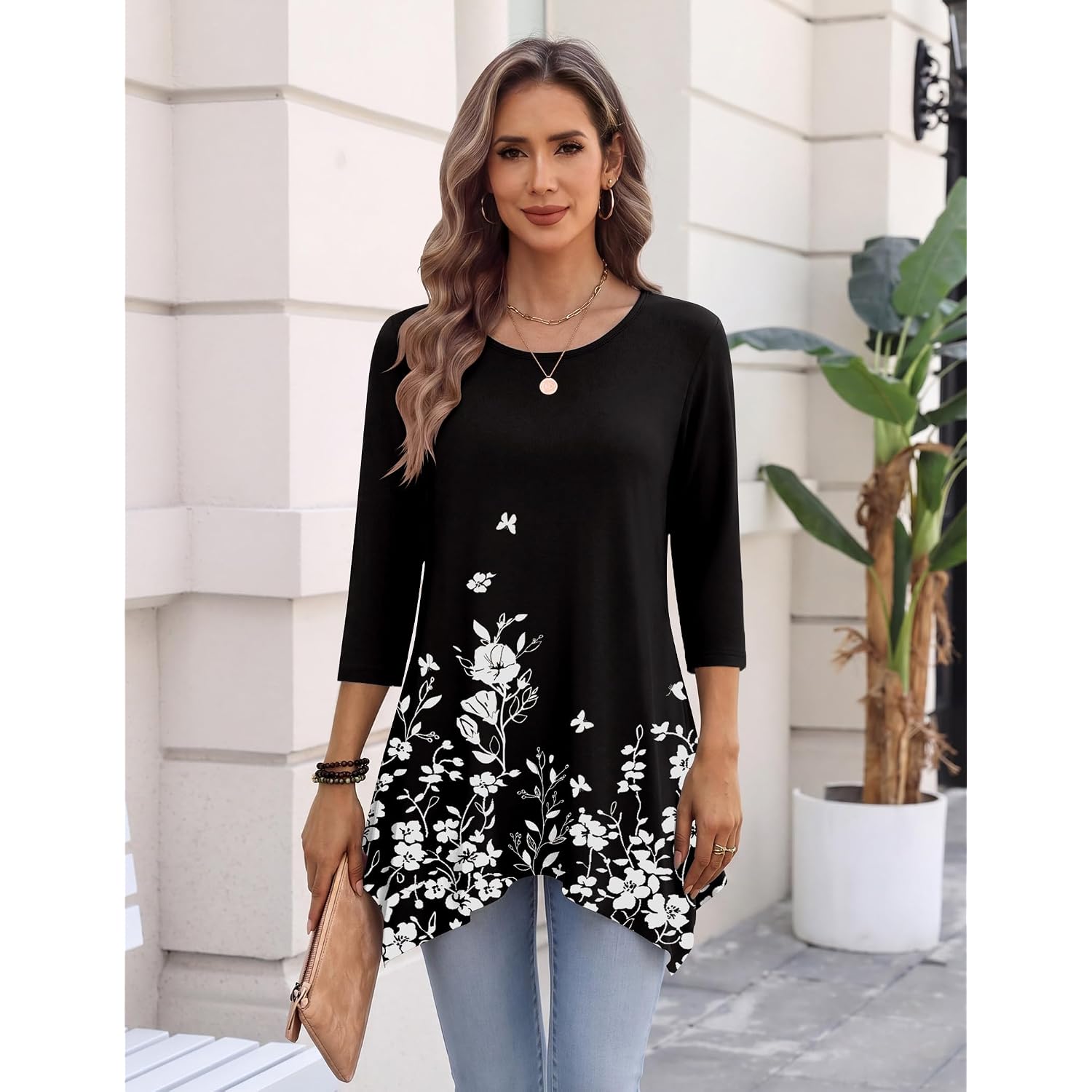 Zeagoo 3/4 Sleeve Womens Tops Dressy Casual Tunics To Wear With Leggings Loose Fit Cute Blouses 2026 Trendy