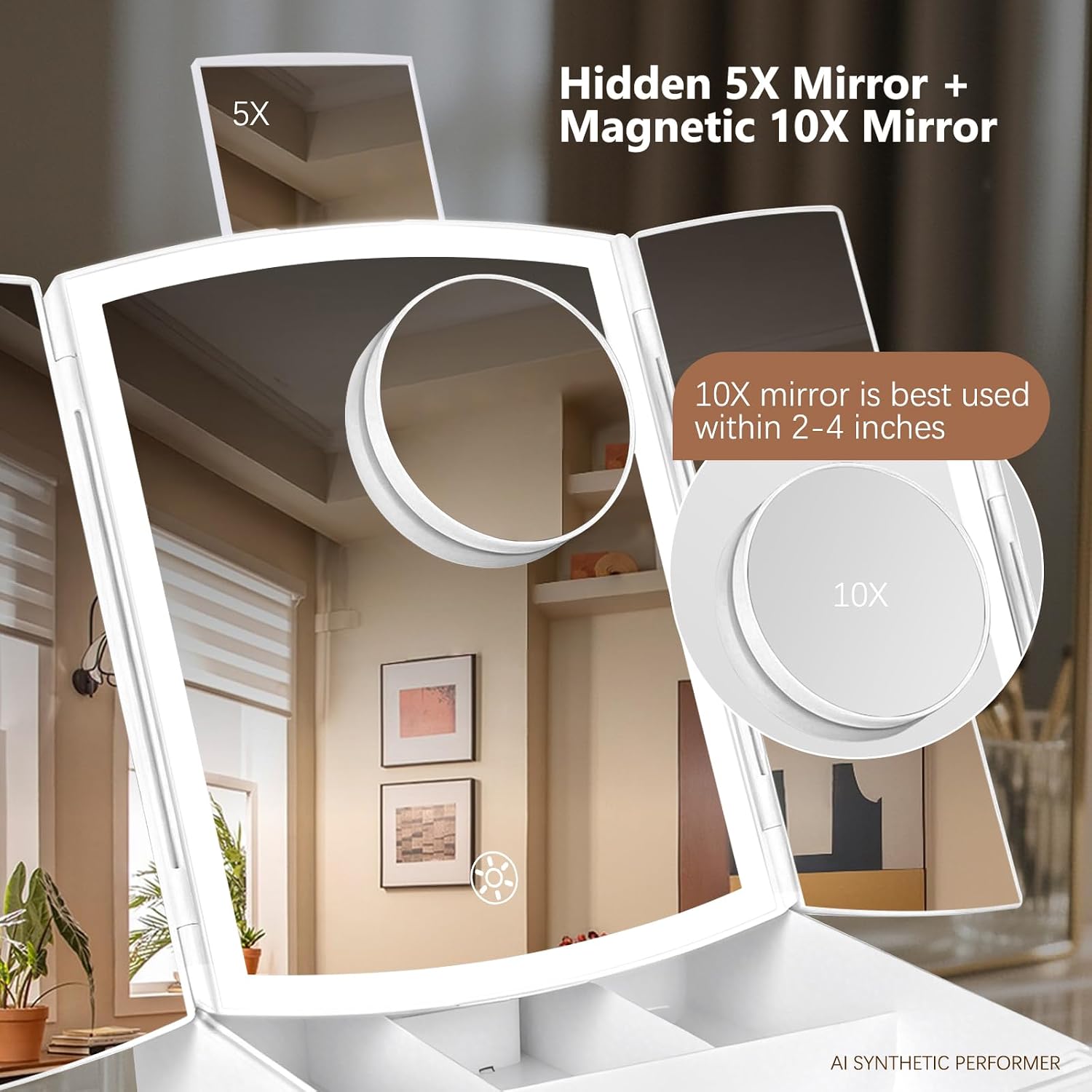 Makeup Mirror With Lights, Tri-Fold Vanity Mirror, 3 Colors, 5X/10X