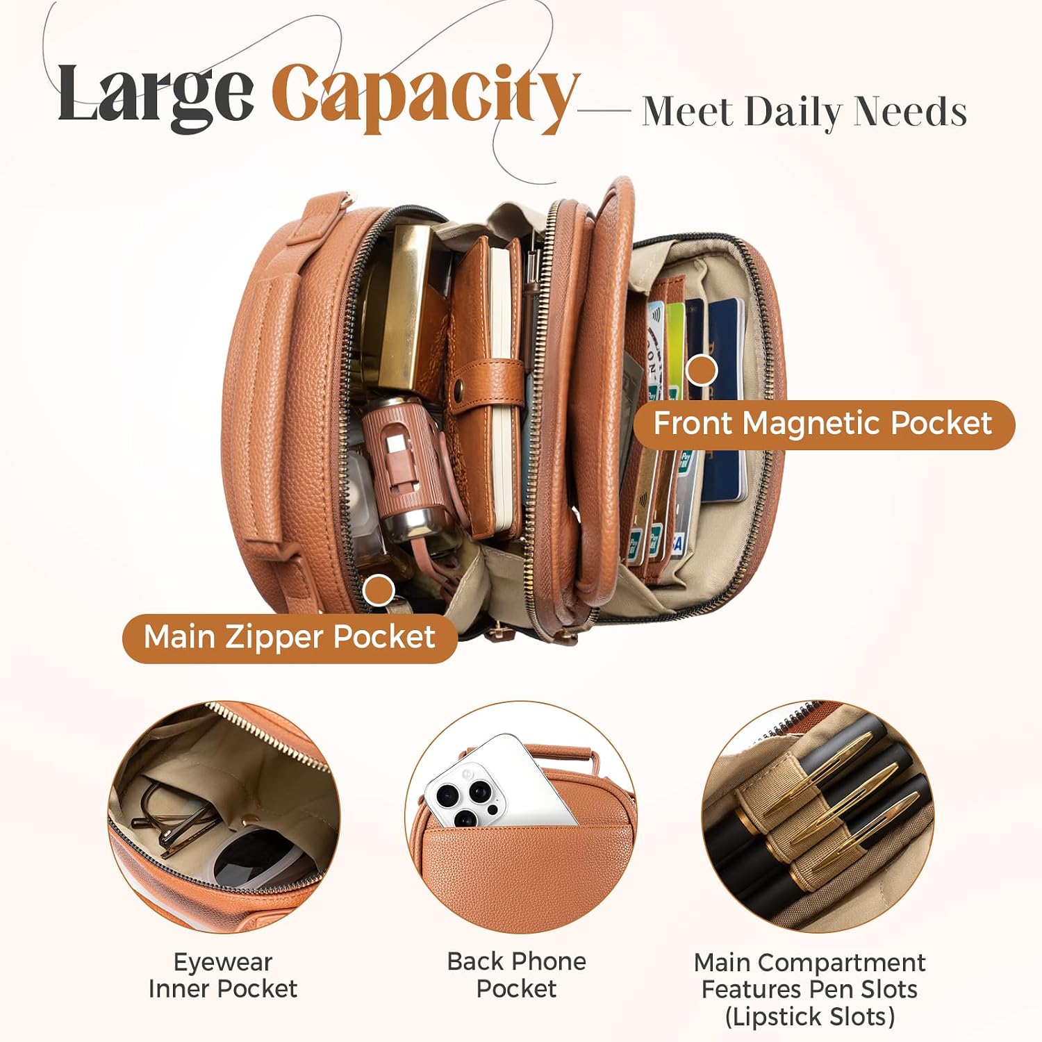 Vegan Leather Crossbody Bag For Women With 2 Straps, Small Messenger Bag With Anti Theft Zipper Pocket Vintage Shoulder Bag
