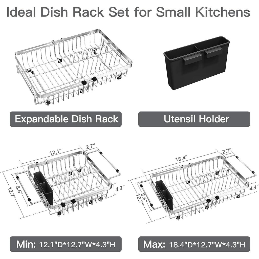 MAJALiS Dish Drying Rack Over The Sink, Expandable Stainless Steel Dish Drainer for Small Kitchen Counter Space Saving, RV Compact Plate Strainer In Silver Metal with Hanging Adjustable Utensil Holder