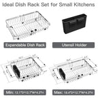 MAJALiS Dish Drying Rack Over The Sink, Expandable Stainless Steel Dish Drainer for Small Kitchen Counter Space Saving, RV Compact Plate Strainer In Silver Metal with Hanging Adjustable Utensil Holder