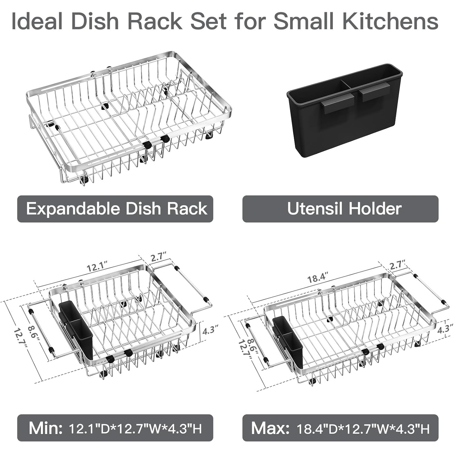 MAJALiS Dish Drying Rack Over The Sink, Expandable Stainless Steel Dish Drainer for Small Kitchen Counter Space Saving, RV Compact Plate Strainer In Silver Metal with Hanging Adjustable Utensil Holder